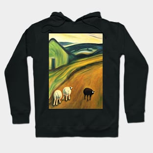 Colourful oil painting of a farm with sheep Hoodie